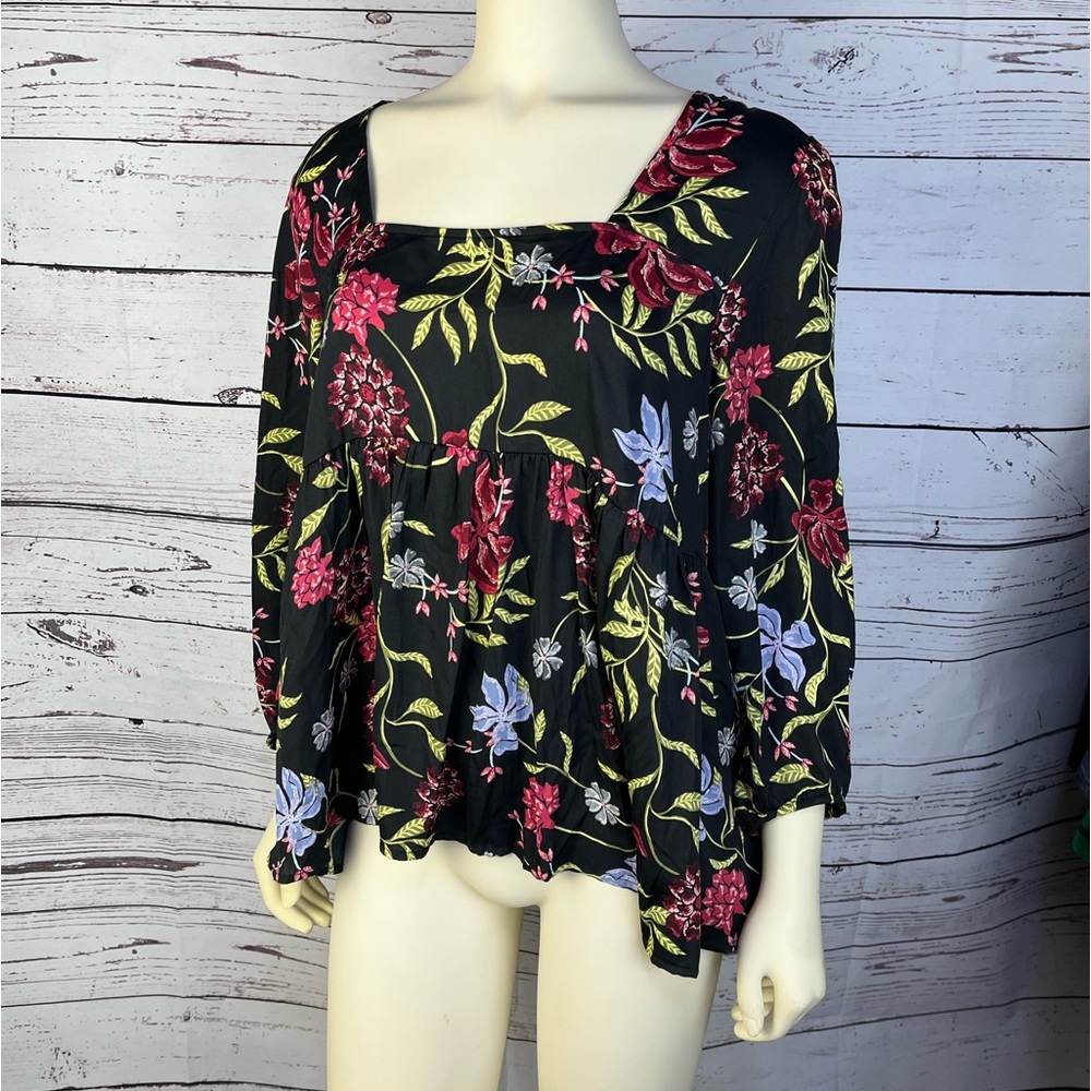ANTHROPOLOGIE Dolan Left Coast Cherie Floral 3/4 Sleeve Babydoll Top Size Large